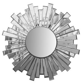 28 Inch Round Floating Wall Mirror with Sunburst Design Frame, Silver